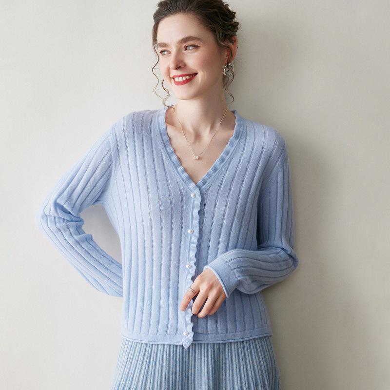 Women's Early Autumn Cashmere V-Neck Cardigan with Pearl Buttons - Slimming Knit Base Layer