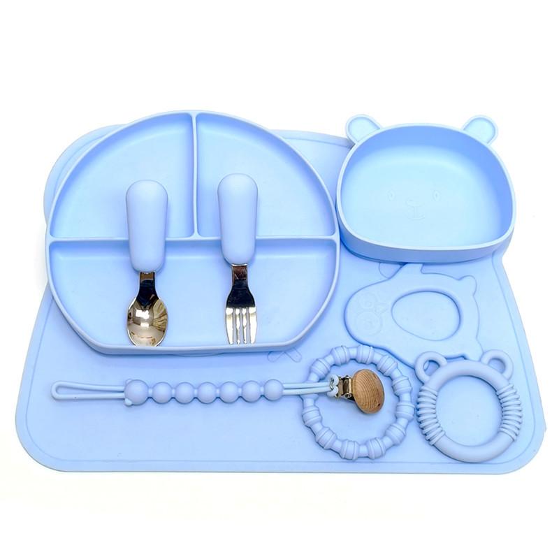 Silicone Baby Fork Spoon Plate Set With Suction Cup Children Eating Bowl Baby Supplementary Tableware Set