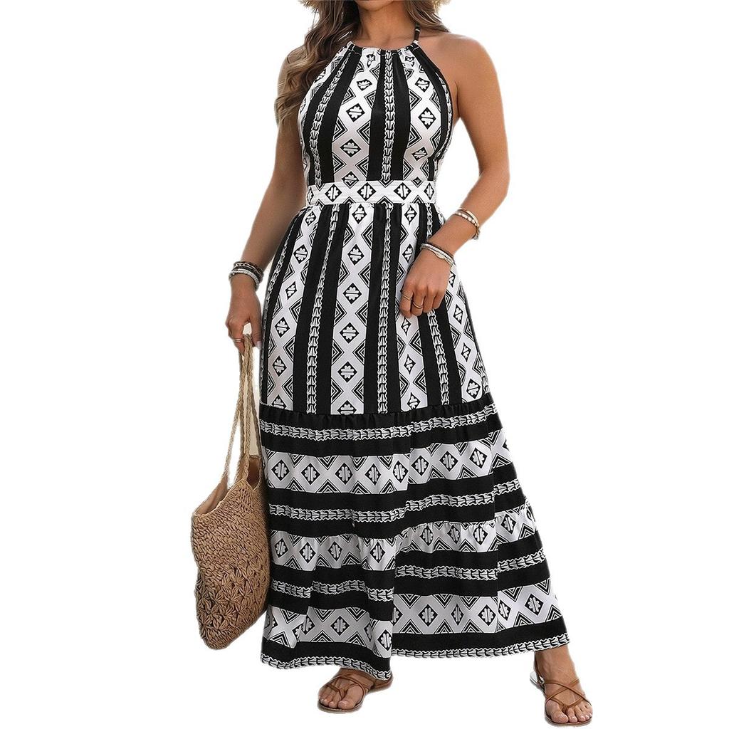 Halter Sleeveless Printed Dress Vacation Style Large Backless Sexy Long Dress For Women Elegant Fashion Comfortable Dress