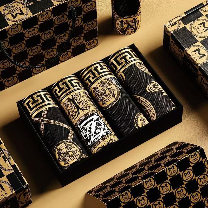 5-Pack Luxury Men's Black Gold Boxer Briefs - Summer Breathable, Plus Size, Antibacterial, Flat Leg Shorts