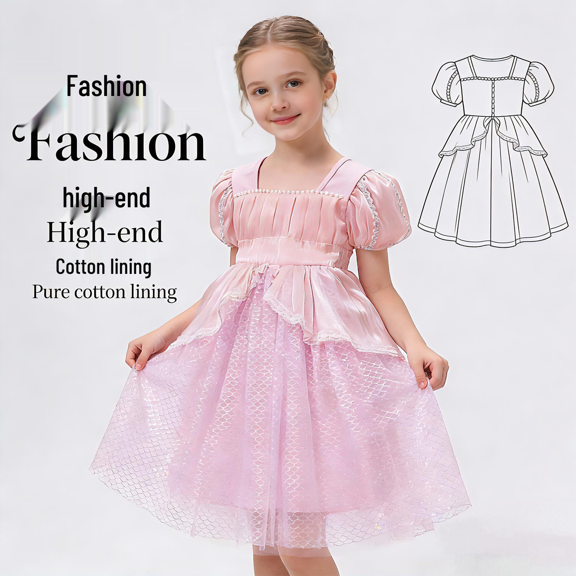 Lolita Mermaid Princess Dress - High-End Girls  Short Sleeve Summer Formal Dress 130 cm (Height ~1.2 m)