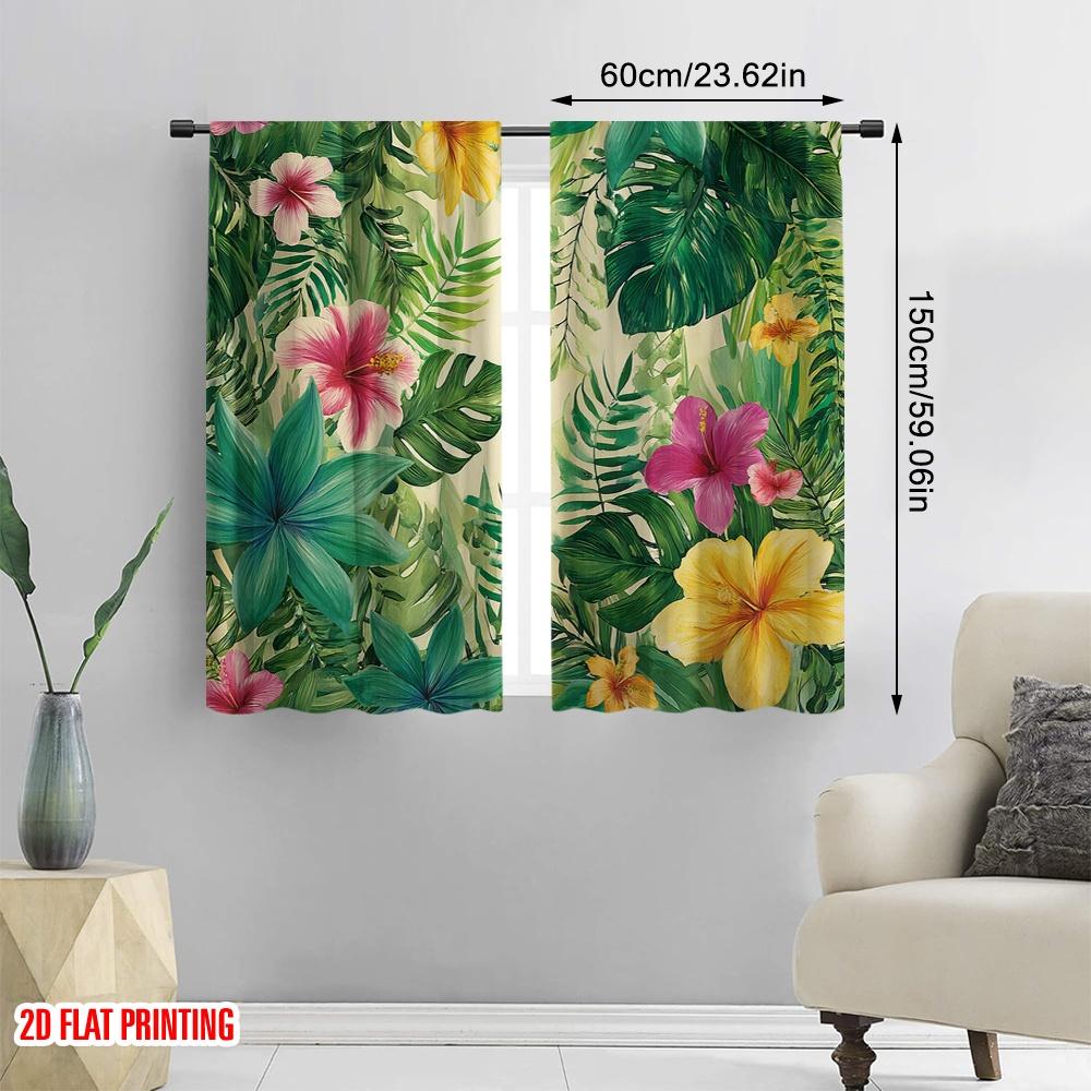 2pcs,2D Plane Printing Window Curtain Tropical Bloom Versatile Polyester (without Rod) Gifts Use for Bedroom Living Room Window