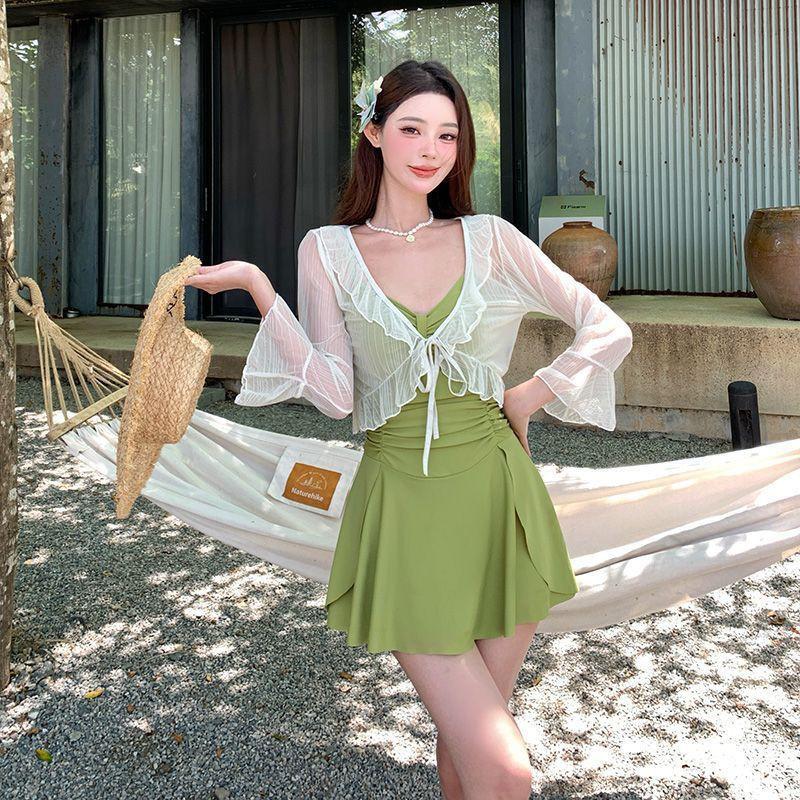 

Swimsuit Women s Hot Vacation Onepiece Dress Slimming Skin-covering Beautiful Long-sleeved Blouse High-end Swimwear XL зелёный