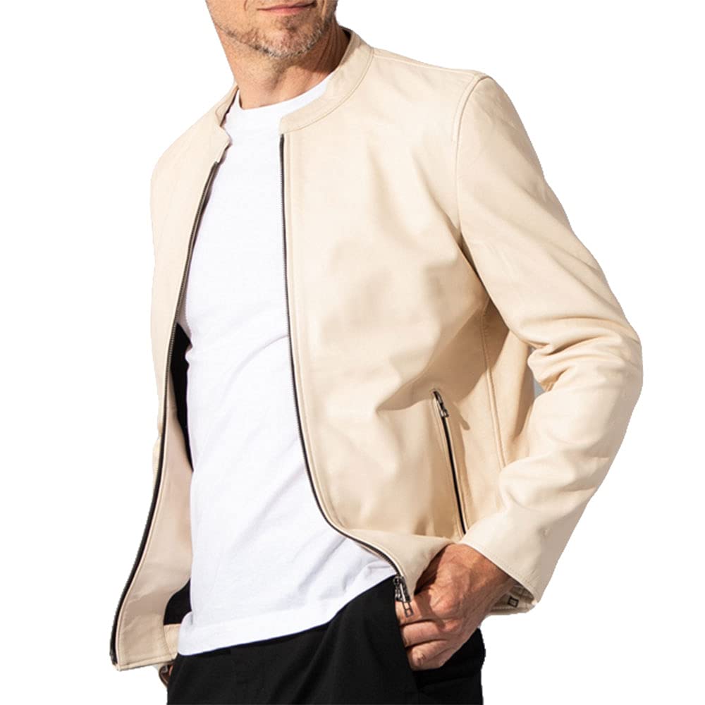 

LIUGOO Genuine Leather Single Rider Jacket LIUGOO SRS12B L Size Men s Off-White