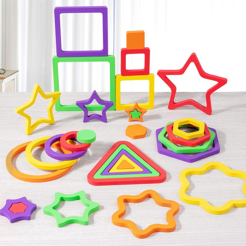 Wooden Geometric Colorful Puzzles 3D Shapes Cognition Board Montessori Puzzle Educational Toy for Toddlers Color Shape Learning