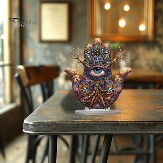 Ornement Art Acrylique Imperméable Main de Fatima, Ornement Hamsa Plat 2D avec Base Décorative Esthétique Ambiance Café, Pièce Maîtresse Exotique Mystérieuse