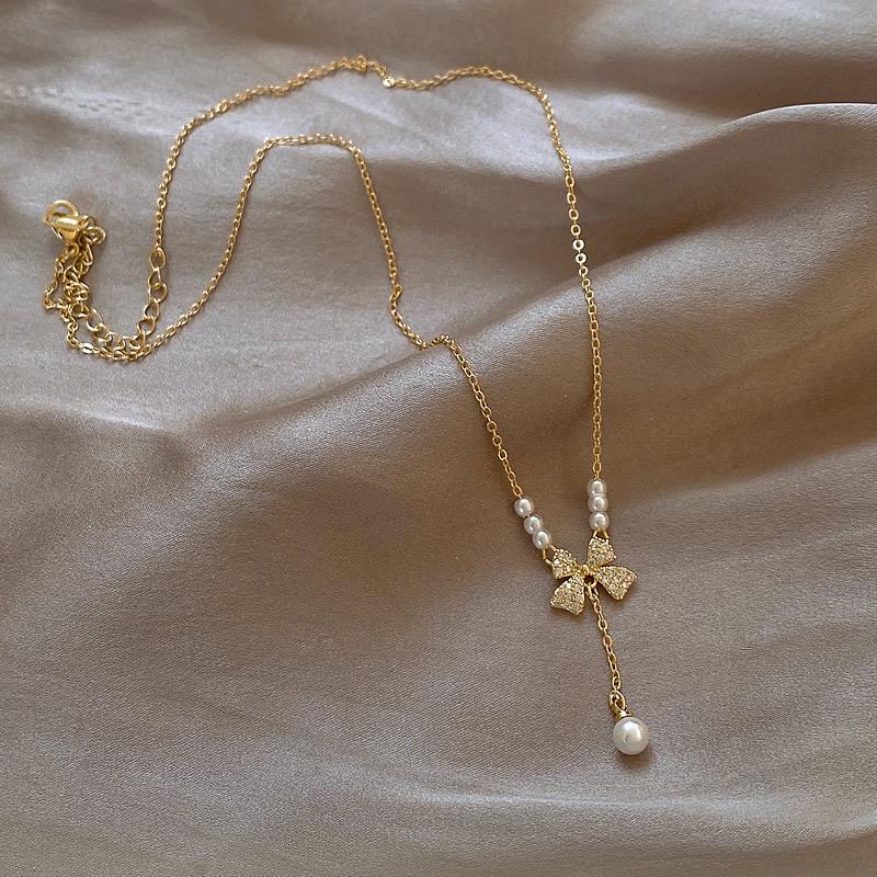 French Gold Pearl & Diamond Bow Necklace for Women - Elegant Luxury Choker