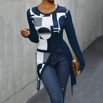 T-shirt slim à manches longues et col rond pour femme, imprimé géométrique