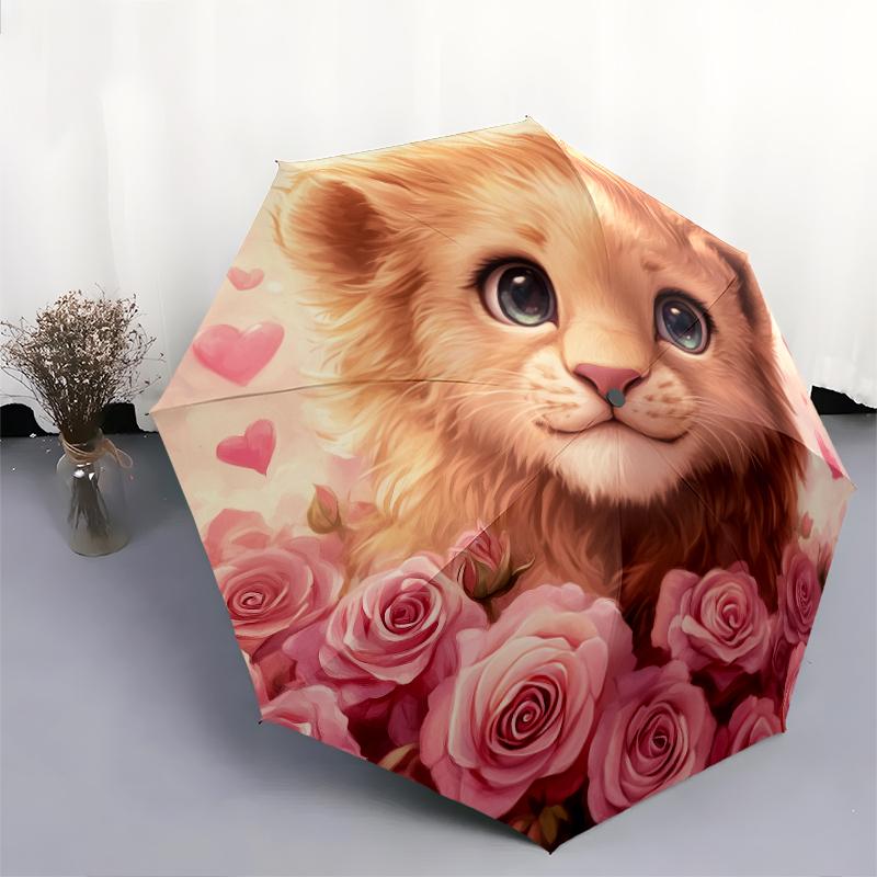 Lion and Rose pattern, automatic folding umbrella, portable and foldable design, 8 ribs, a Christmas or birthday gift.