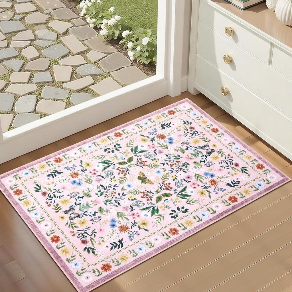 Rustic Style Floral Butterfly Pattern Doormat Home Daily Decor Absorbent Anti-Slip Rug Boho Indoor Outdoor Entryway Decor Carpet