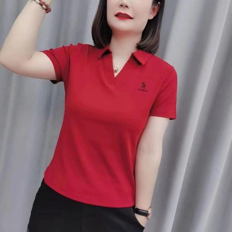 Damen Slim Fit Poloshirt Kurzarm V-Ausschnitt Lässig Einfarbiges Oberteil