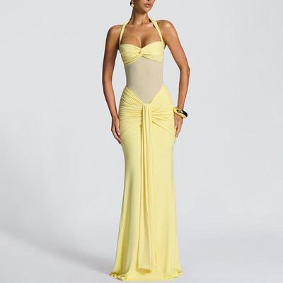 Halter Tie-Up Mesh Spliced Streamer Long Evening Dress - European & American Style 2025