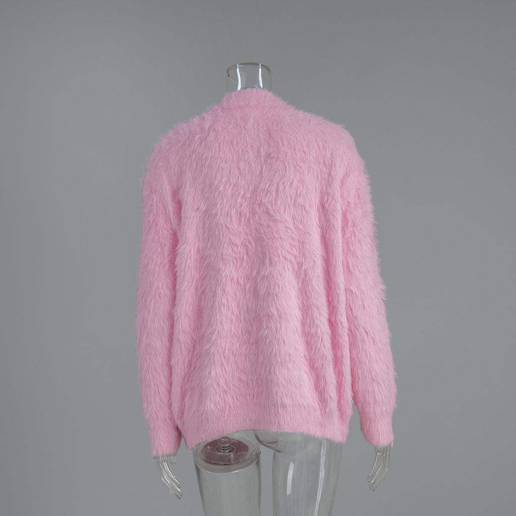 Women's 2025 Autumn Winter Faux Mink Knit Cardigan V Neck Long Sleeve Loose Casual Sweater Coat