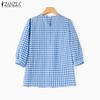 ZANZEA Women Summer Round Neck 3/4 Sleeve Plaid Blouses