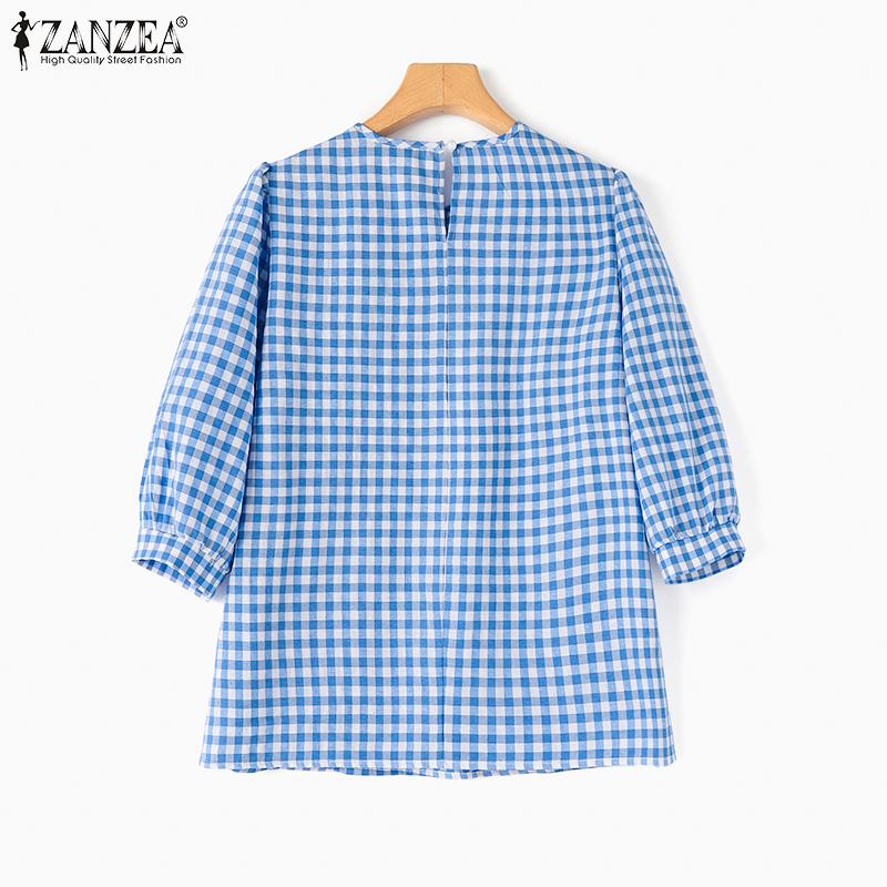 ZANZEA Women Summer Round Neck 3/4 Sleeve Plaid Blouses