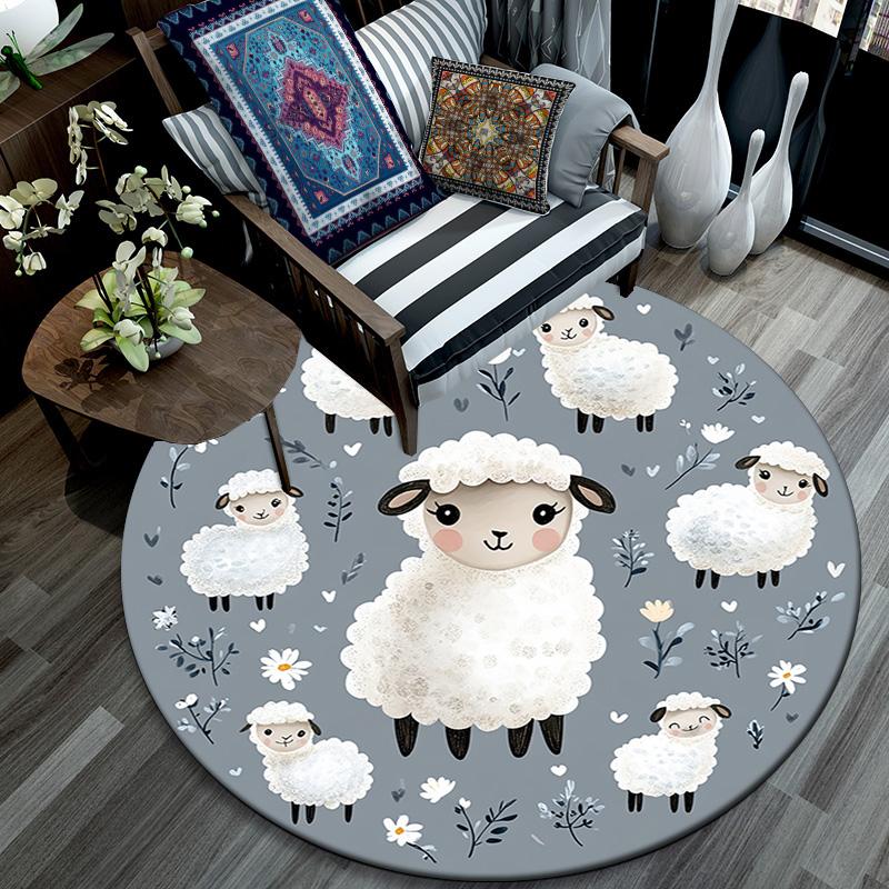 Cute Sheep Round Area Rug,Carpet Rug for Living Room Bedroom Sofa Playroom Decor,Non-slip Floor Mat