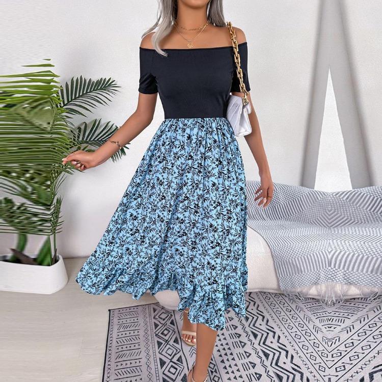Summer Women Off Shoulder Floral Ruffled Medium Long Dress Spring