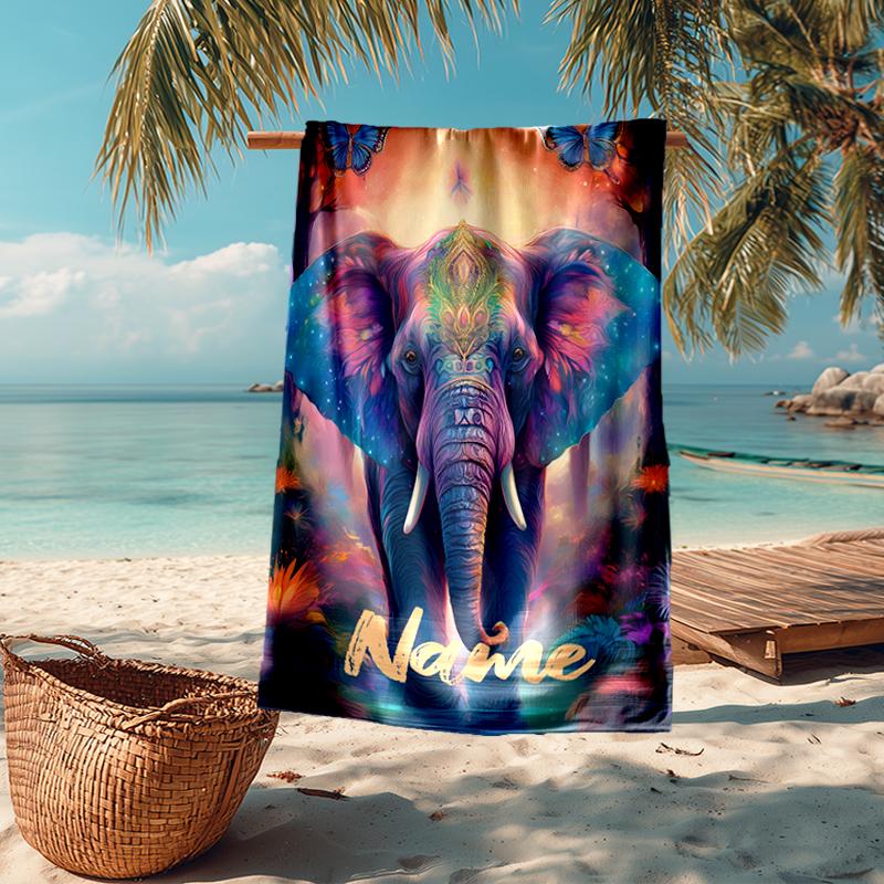 Custom Name Ultra-Soft Beach Towel with Elephant Theme,Ideal for Pool - Camping, Diving - Perfect Travel Essential, Vibrant Beach Towel.