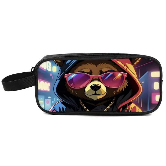 Bear Print Double Layered Pencil Case with Handheld for Boys & Girls Best Gift 3D Cartoon School Pencil Bag