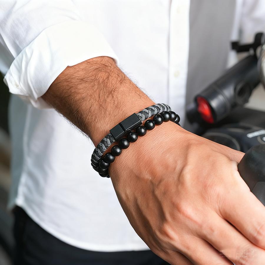 Noter 2Pcs Bracelets Exclusifs Pour Hommes 8mm Onyx Stone Strand Braclet Handmade Weaven Leather Braslet Perfect Gift For Him