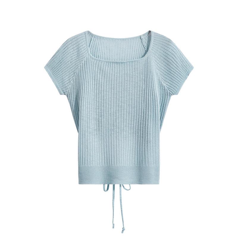 

Футболка с квадратным вырезом и прямыми плечами, летний новый тонкий вязаный свитер с короткими рукавами, облегающий и подчеркивающий талию короткий топ для женщин one size синий