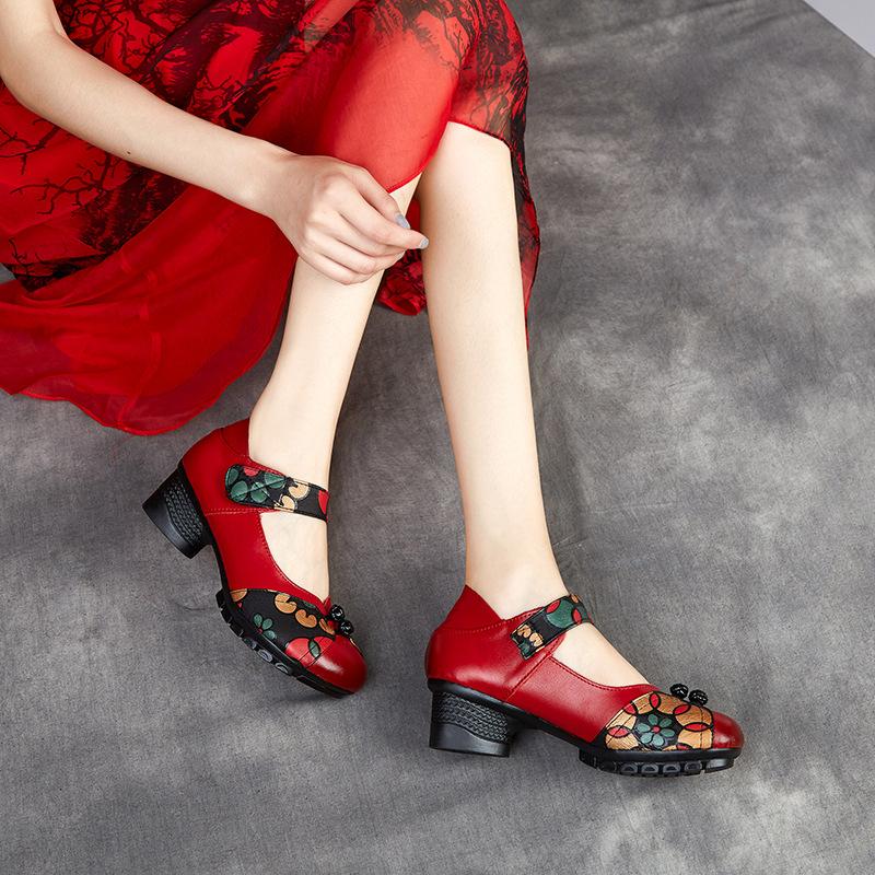 Etnisk stil Damesko Tykkhælet Myk såle Borrelås Overdel Lag kuskinn Sklisikker Slitesterk Lærsko