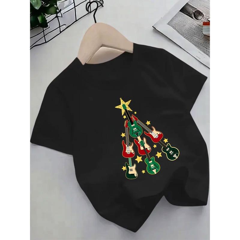 

European sizes Christmas Tree & Guitar Print Short Sleeve Top - Round Neck Casual Summer Blouse with Holiday Outfits 164cm чорний