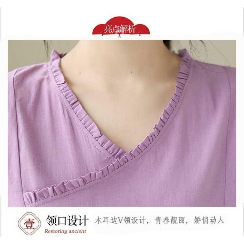 Ethnic Style Wooden Ear Neck Tie Waist Short Sleeve Midi Literary Vintage Dresses