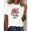 European Size Women's T-Shirt with Pink Peony & Green Leaf Floral Print - Relaxed Fit Short Sleeve Round Neck White Blouse,Chinese Peony Flower Design