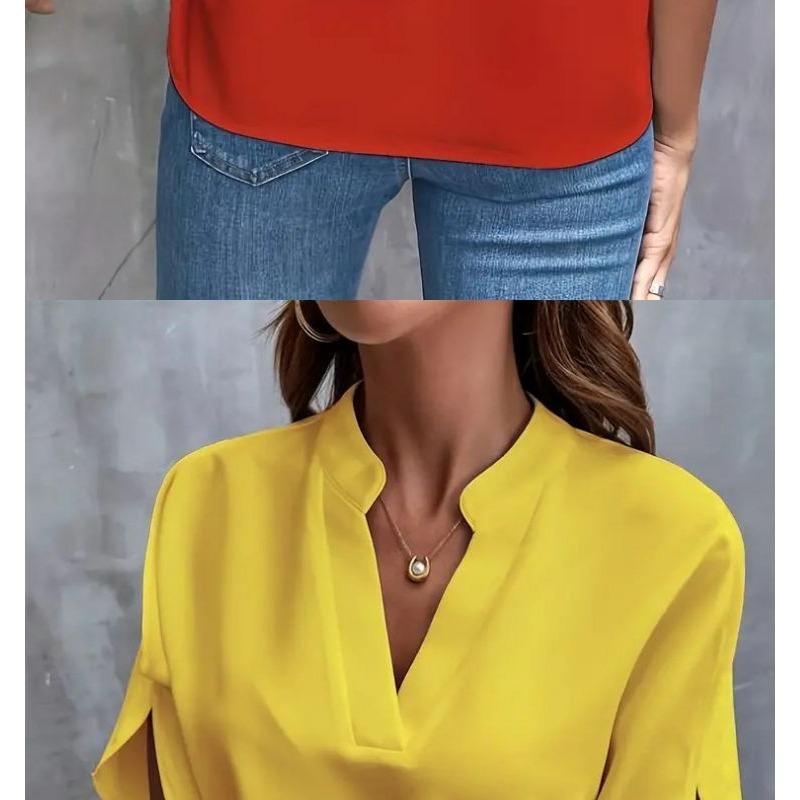 Damen 2025 Sommer Casual Einfarbig V-Ausschnitt Locker Bluse Tops für Damen