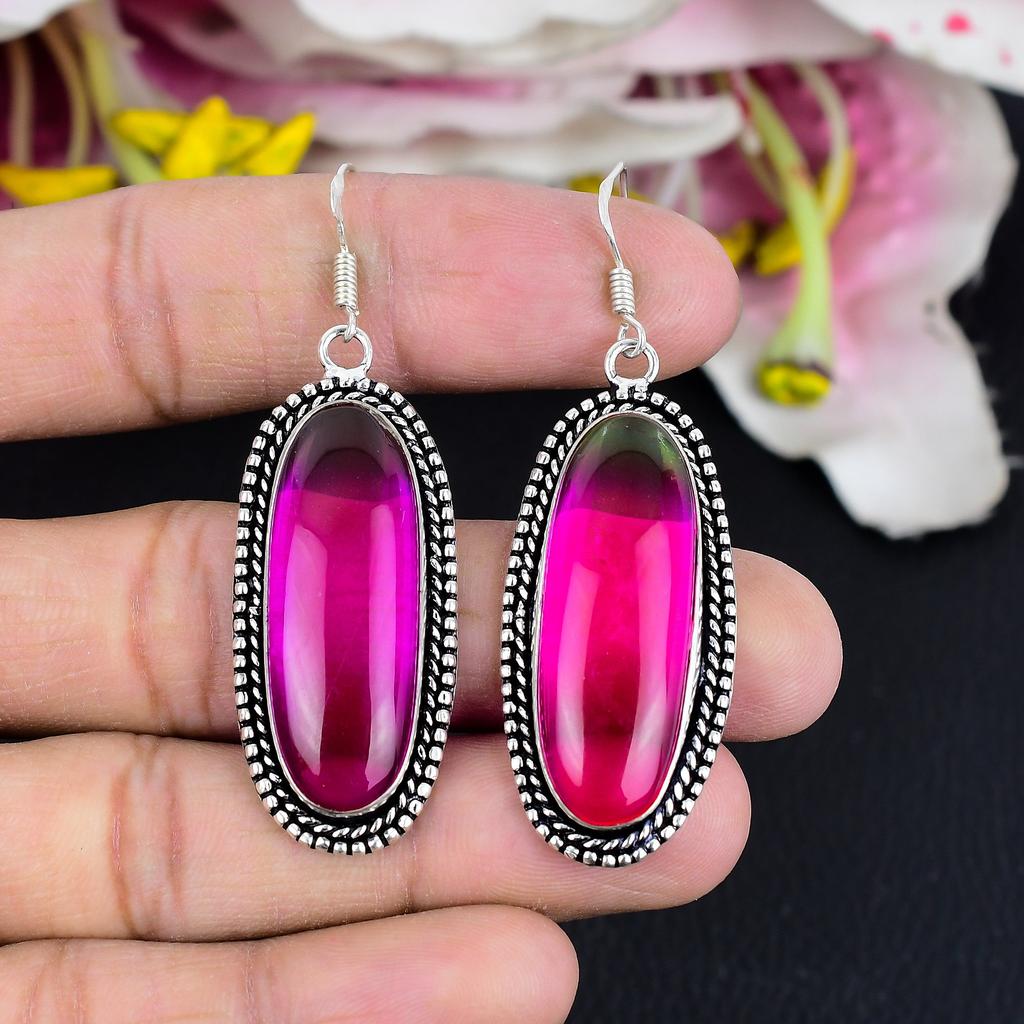 Bi-Color Tourmaline Gemstone 925 Sterling Silver Jewelry Earring 2.48" KG-1769