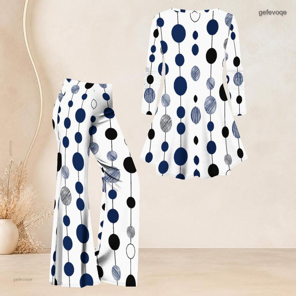 Women Plus Size V Neck Three Quarter Sleeve Printed Flared Top Flared Pants Two Piece Set