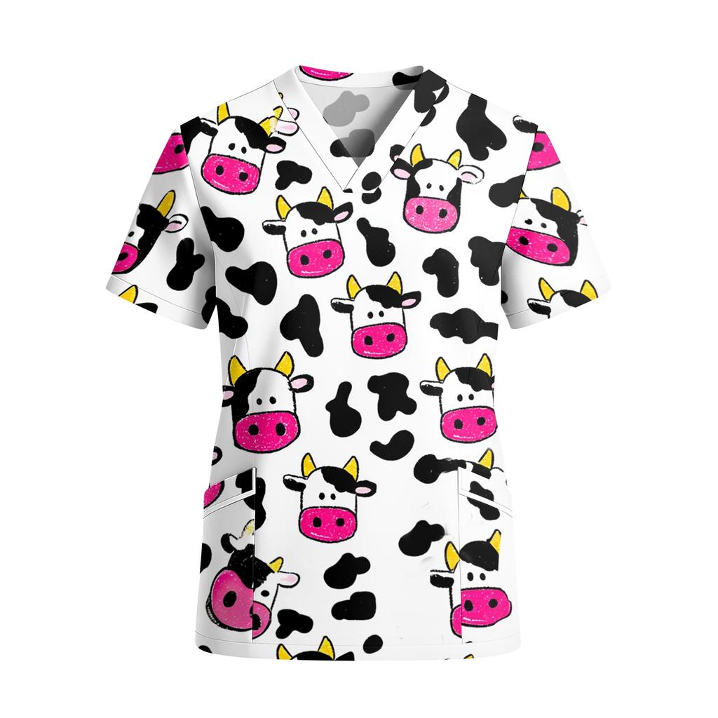 Top de Trabajo para Mujer con Cuello en V de Manga Corta y Bolsillos Estampado de Dibujos Animados Camisa de Uniforme Médico Ajuste Cómodo Tejido Duradero Adecuado para Profesionales de la Salud