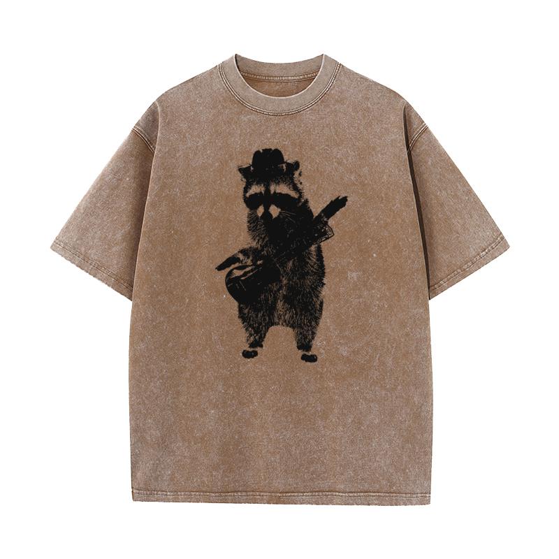 Raccoon Playing The Guitar Tops Tees Discount Crewneck Geek Short Sleeve All Cotton Male Washed T Shirt Slogan Washed Tees