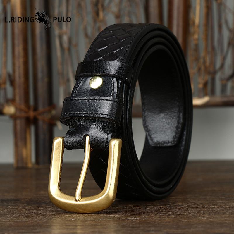 Trendy, Retro, Stylish, Versatile, Top-grain Pure Cowhide Woven Belt for Men, Genuine Leather, Copper Buckle, Woven Denim Belt
