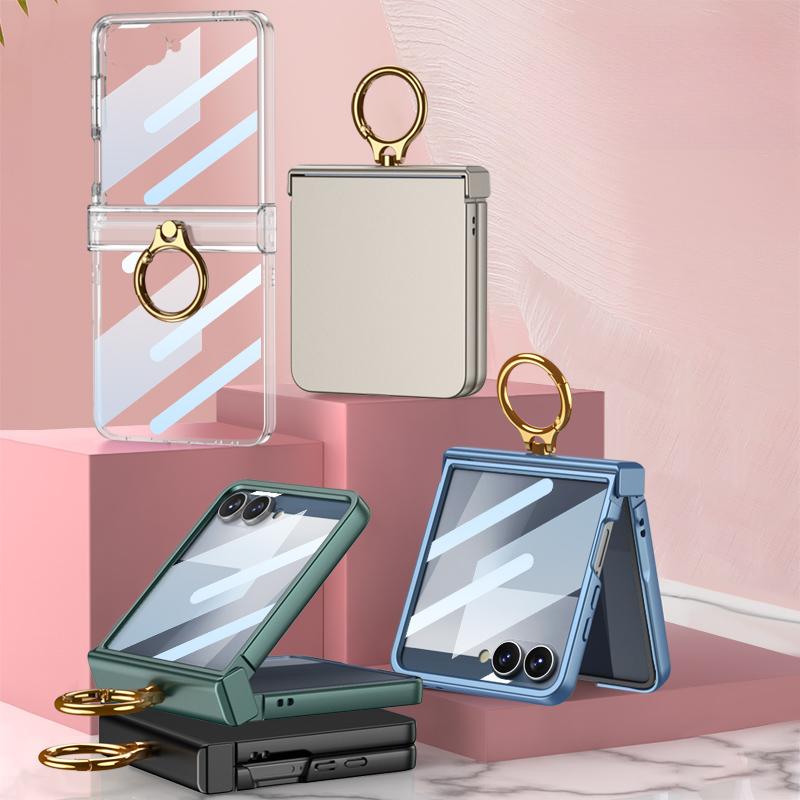 For Z Flip7 Phone Case Screen Protector 2in1 Ring Holder Cover For Samsung Galaxy Z Flip 7 Zflip7 Luxury Pivot Hinge Slim Shell