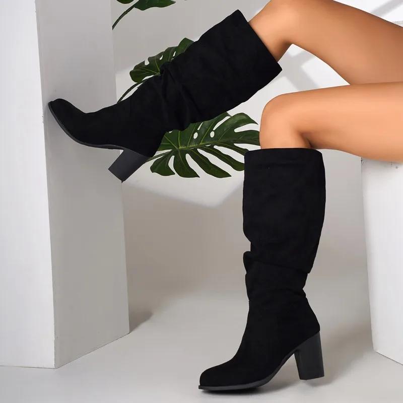 Autumn New Coarse Heel Single Boots Women's Round Head Suede Sleeve Fold Anti-slip Wear-resistant High Boots