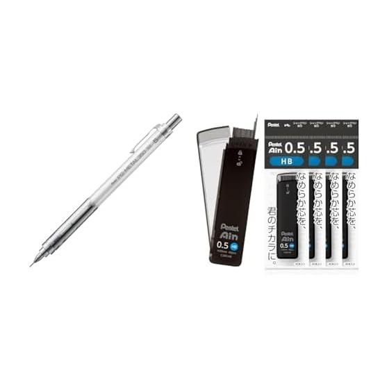Pentel PG-METAL350 Mechanical Pencil, 0.5mm, Clear White, 10-pack; Pentel Ain 0.5mm HB Lead Refills, 5-pack