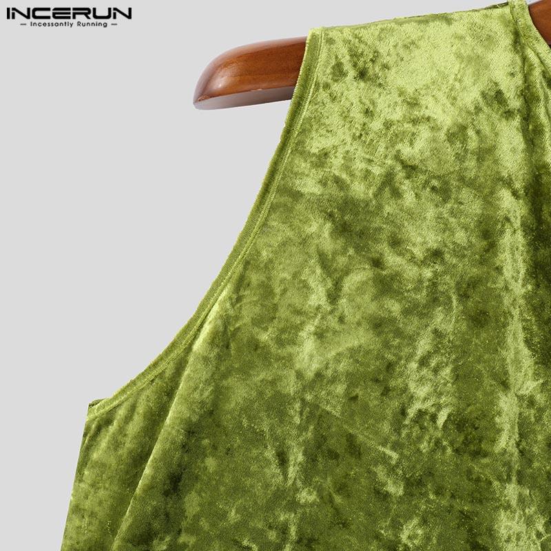 INCERUN Men One Shoulder Backless Velvet Glitter Ruffled Tops Casual T-shirts