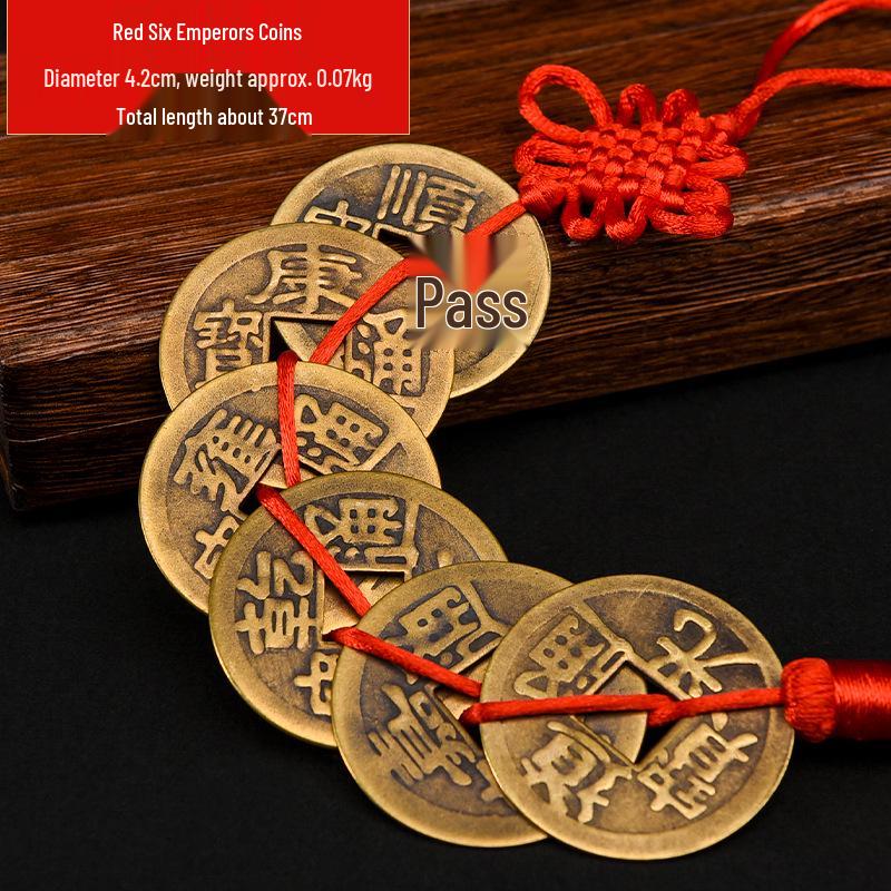 Pure Copper Chinese Lucky Knot Pendant with Five, Six, and Ten Emperor Coins - Door or Threshold Decoration.