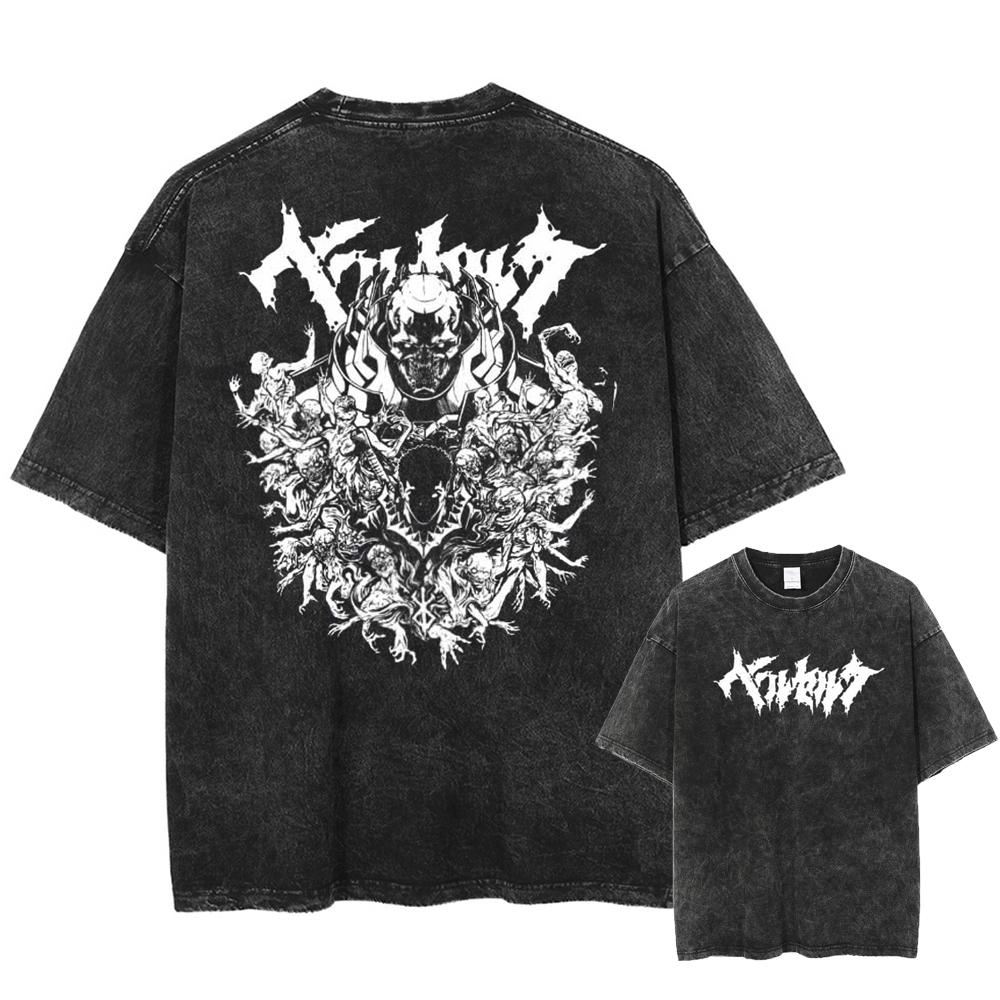 Berserk Manga T Shirt Harajuku Gothic Tshirt Washed Casual Oversized T-shirt Clothing Summer Short Sleeve Cotton Tees Streetwear
