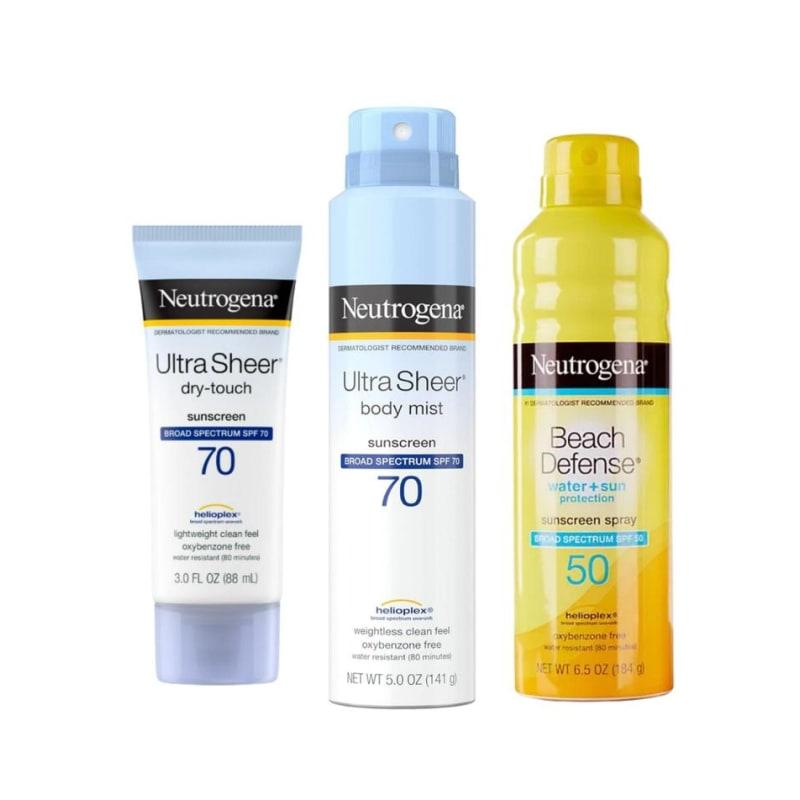 Neutrogena Sunscreen Lotion SPF70 88ml + Body Mist Sunscreen Spray SPF70 141g + Beach Defense Sunscreen Spray SPF50 184g