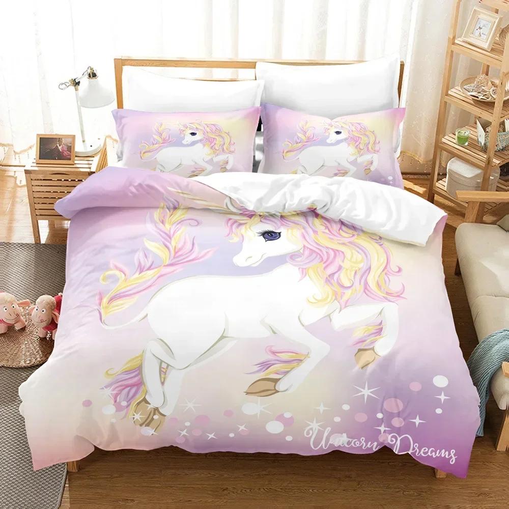 Luxury New 3D Print Cartoon Unicorn Duvet Cover Set King/Queen Size Cute Pink Blue Fairy Tale Animals Polyester Bedding Set
