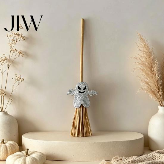 Mini Halloween Desktop Decor Broomstick Ornament, Witch Pumpkin Bat Ghost with Natural Grass Handmade Festive Craft Broom, Tabletop Prop for