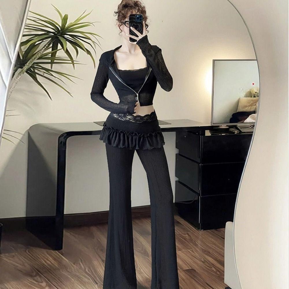 

Black Casual Pants for Women Sweet Bell-bottom Trousers Soft Lace Wide Leg Pants Women M чорний