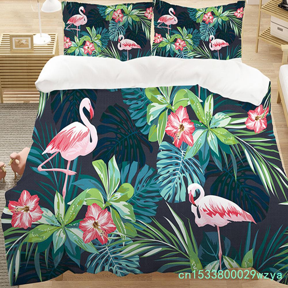 Modern Flamingo Pineapple Print Bedding Set Queen Tropical Plants Leaves Flowers Duvet Cover Hawaiian Islands Floral Pillowcases