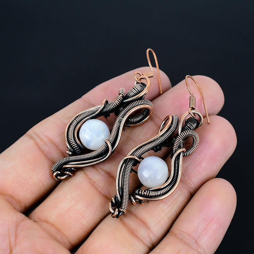 Rainbow Moonstone Earrings, Gemstone Handmade Pure Copper Wire Wrap Jewelry Earrings, Love Forever Gift