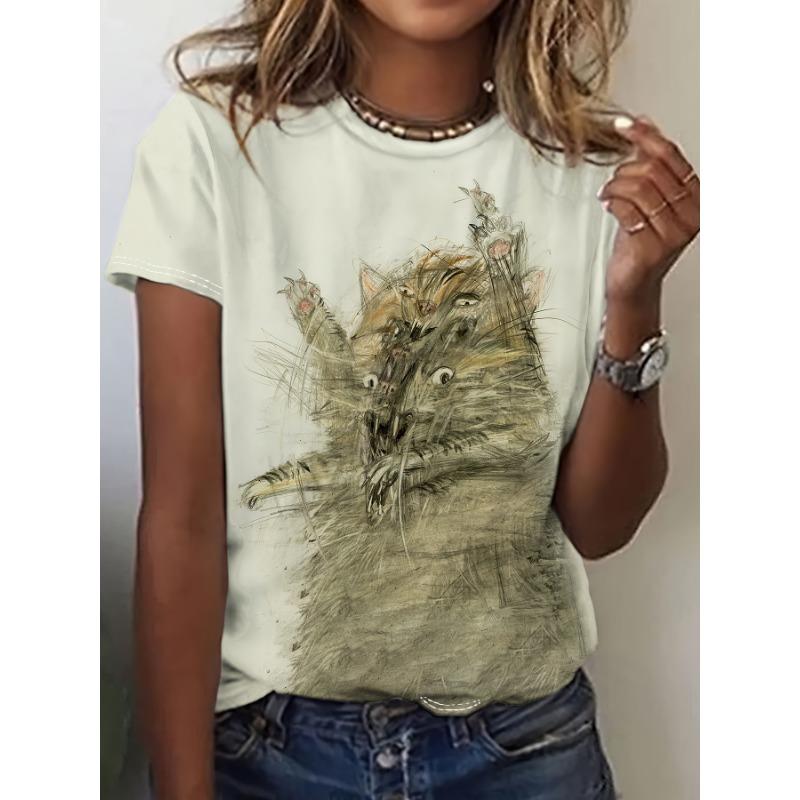 Women's Printed T-shirt with Cat Pattern - Casual Short-Sleeved Top - Large Size - Women's Clothing