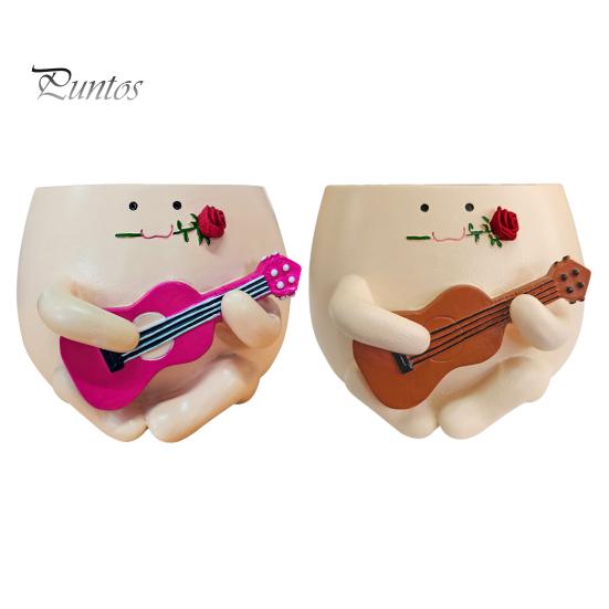 Guitar Smiling Face Planter Pot Resin Ukulele Head Flowerpot Indoor Outdoor Cactus Succulent Plants Container Home Balcony Garden Decoration