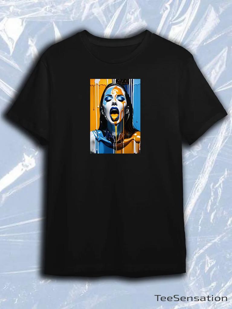 TeeSensation Black Crew Neck Short Sleeve T-Shirt with Orange Blue Paint Drip Woman Art